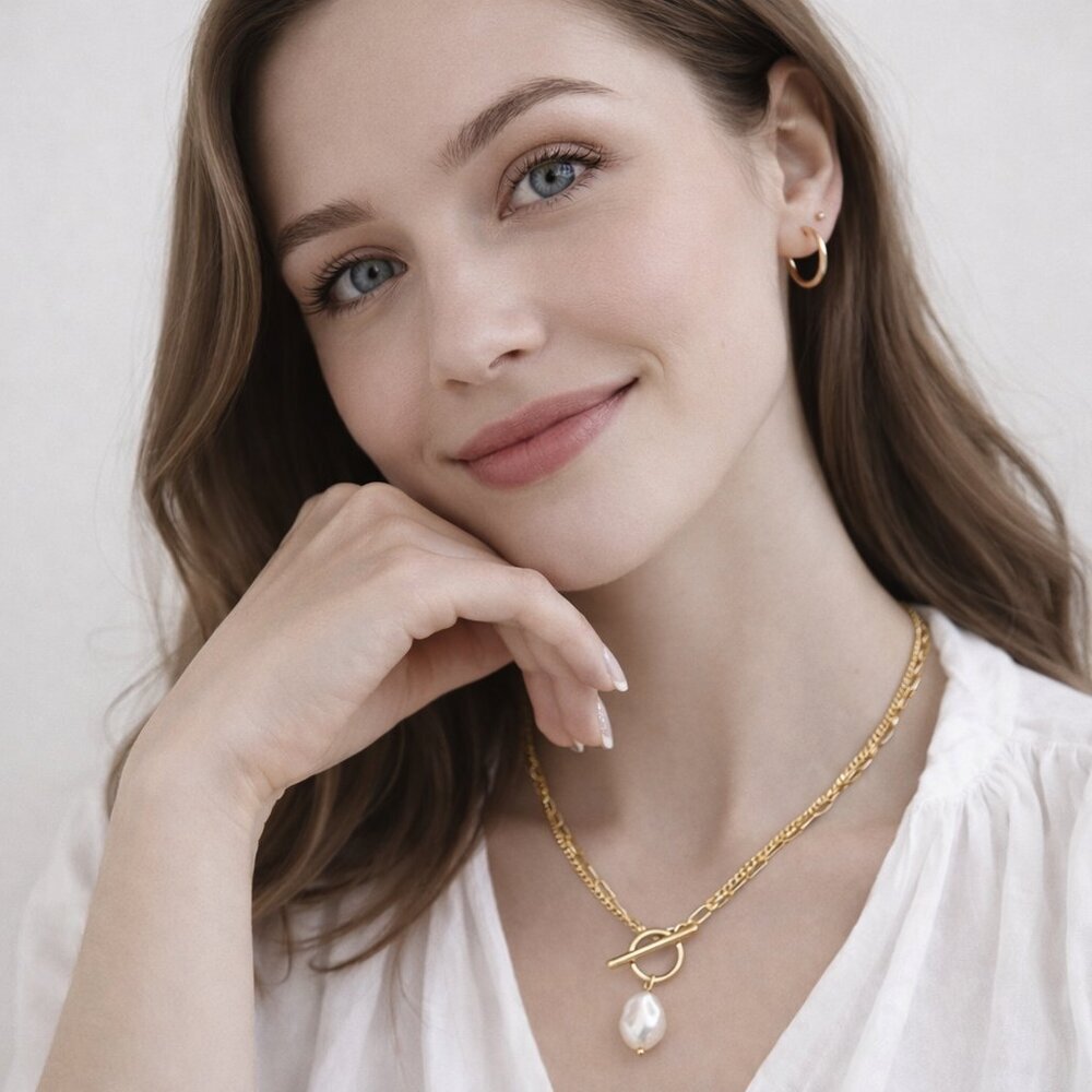 18K Gold Plated Steel Pearl Toggle Necklace Minimalist Water Resistant Gift - Picture 13 of 16